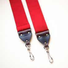 Red cotton canvas vintage-style camera strap made by Original Fuzz in Nashville.