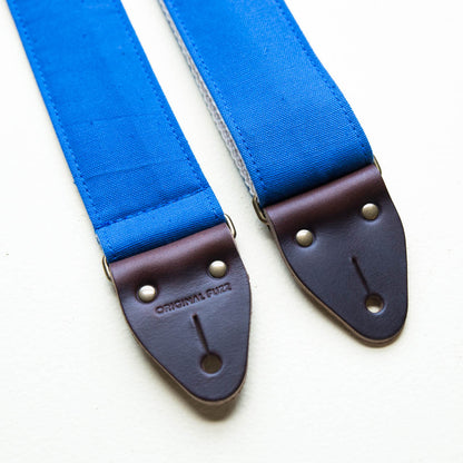 Blue vintage-style cotton canvas guitar strap made by Original Fuzz in Nashville.