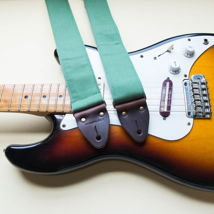 Green cotton canvas guitar strap with Fender Jazzmaster by Original Fuzz