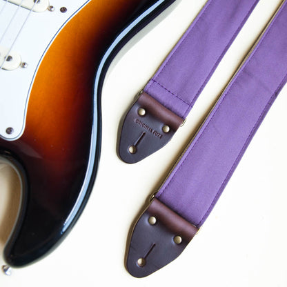 Purple cotton canvas vintage-style guitar strap made by Original Fuzz in Nashville, TN. with a Fender Jazzmaster.