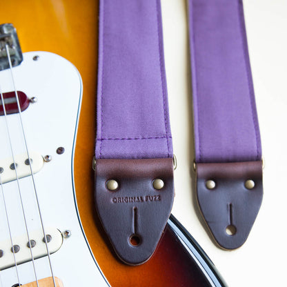 Purple cotton canvas vintage-style guitar strap made by Original Fuzz in Nashville, TN. with a Fender Jazzmaster.