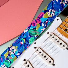 Blue floral silk guitar strap handmade in Nashville by Original Fuzz.