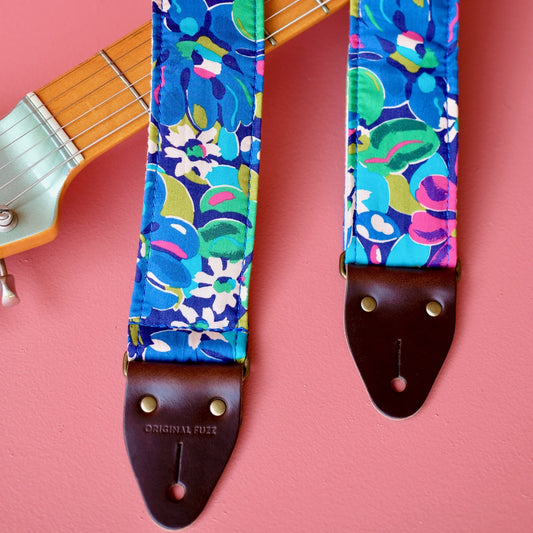 Blue floral silk guitar strap handmade in Nashville by Original Fuzz.