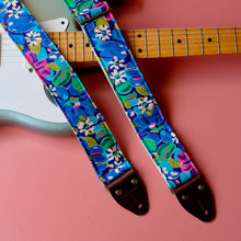 Blue floral silk guitar strap handmade in Nashville by Original Fuzz.