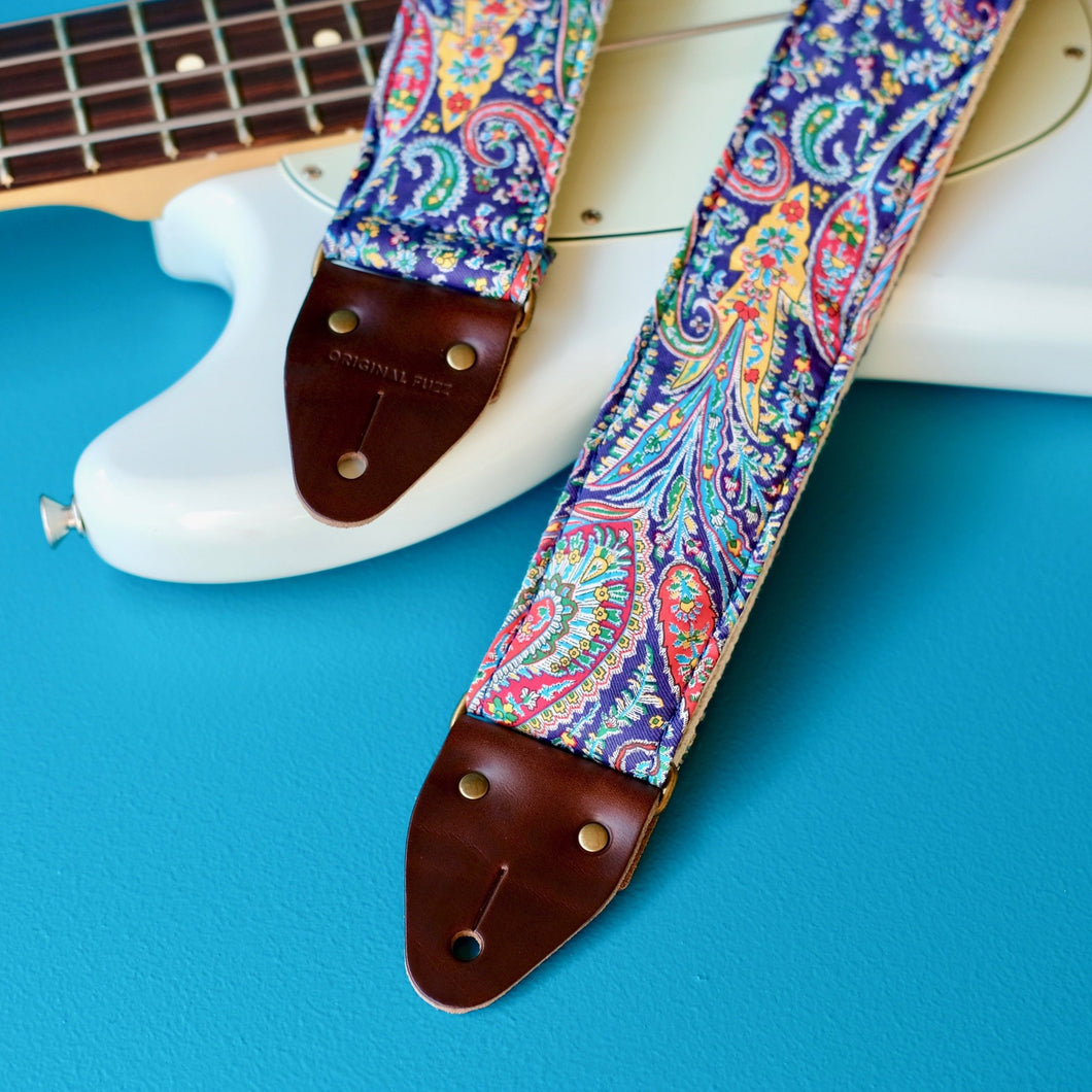 Navy paisley cotton guitar strap handmade in Nashville.