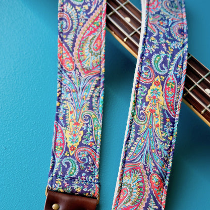 Navy paisley cotton guitar strap handmade in Nashville.