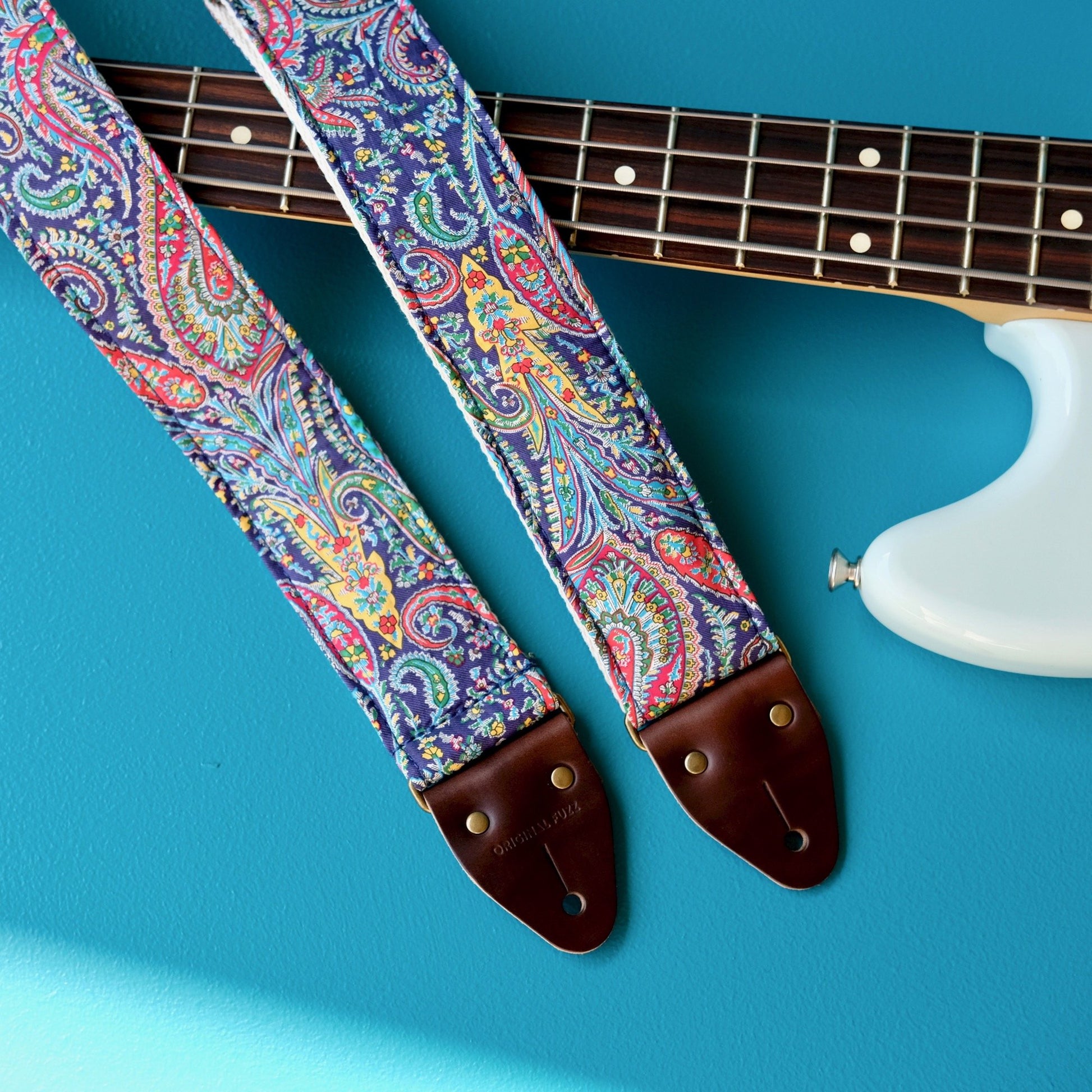 Navy paisley cotton guitar strap handmade in Nashville.