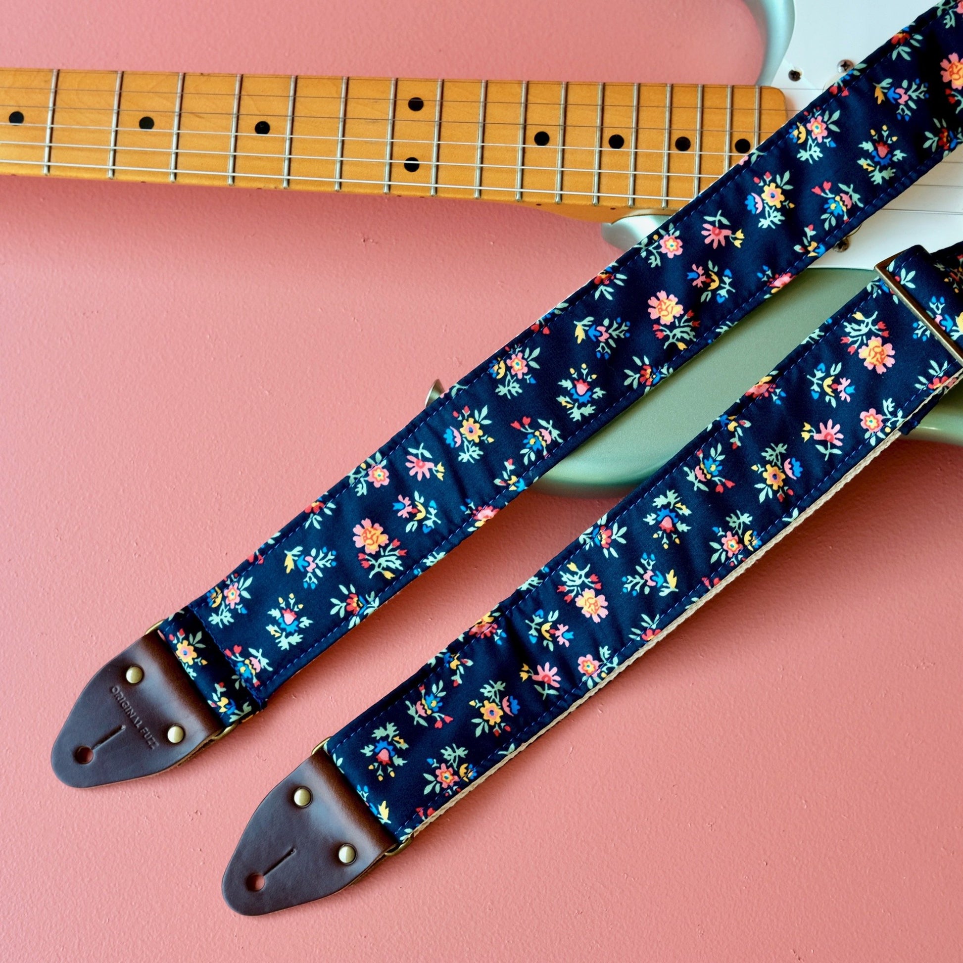 Classic navy floral handmade guitar strap by Original Fuzz in Nashville, TN. 