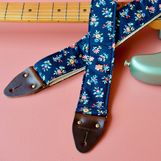 Classic navy floral handmade guitar strap by Original Fuzz in Nashville, TN. 