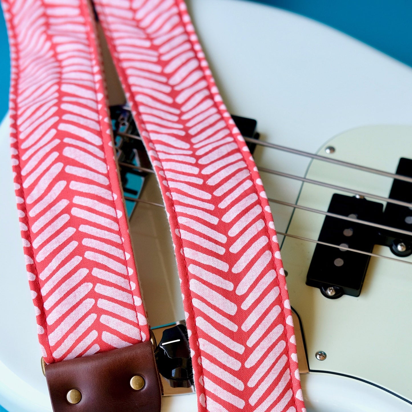 Red cotton silkscreened unique guitar strap handmade in Nashville by Original Fuzz.