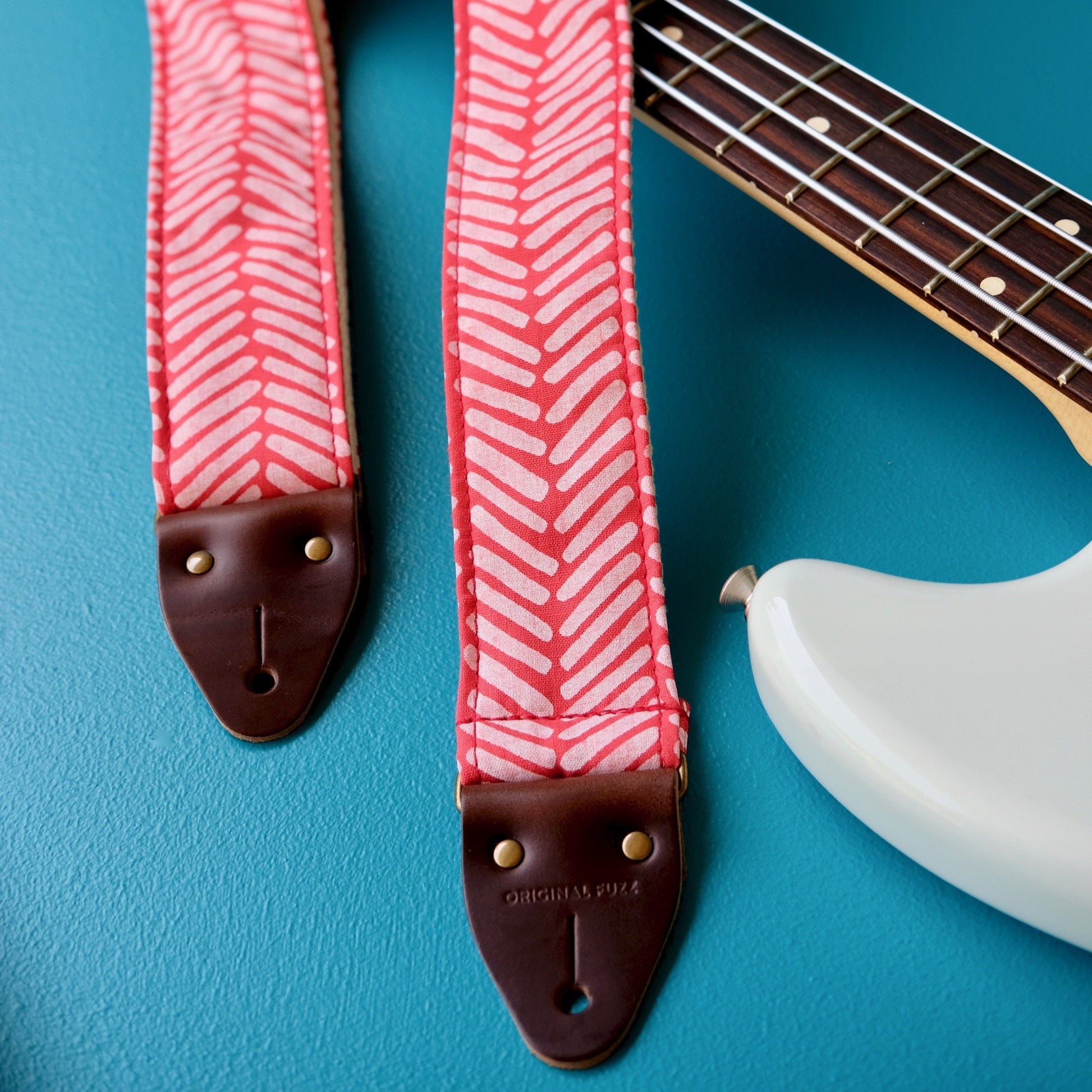 Red cotton silkscreened unique guitar strap handmade in Nashville by Original Fuzz.