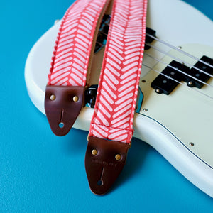 Red cotton silkscreened unique guitar strap handmade in Nashville by Original Fuzz.