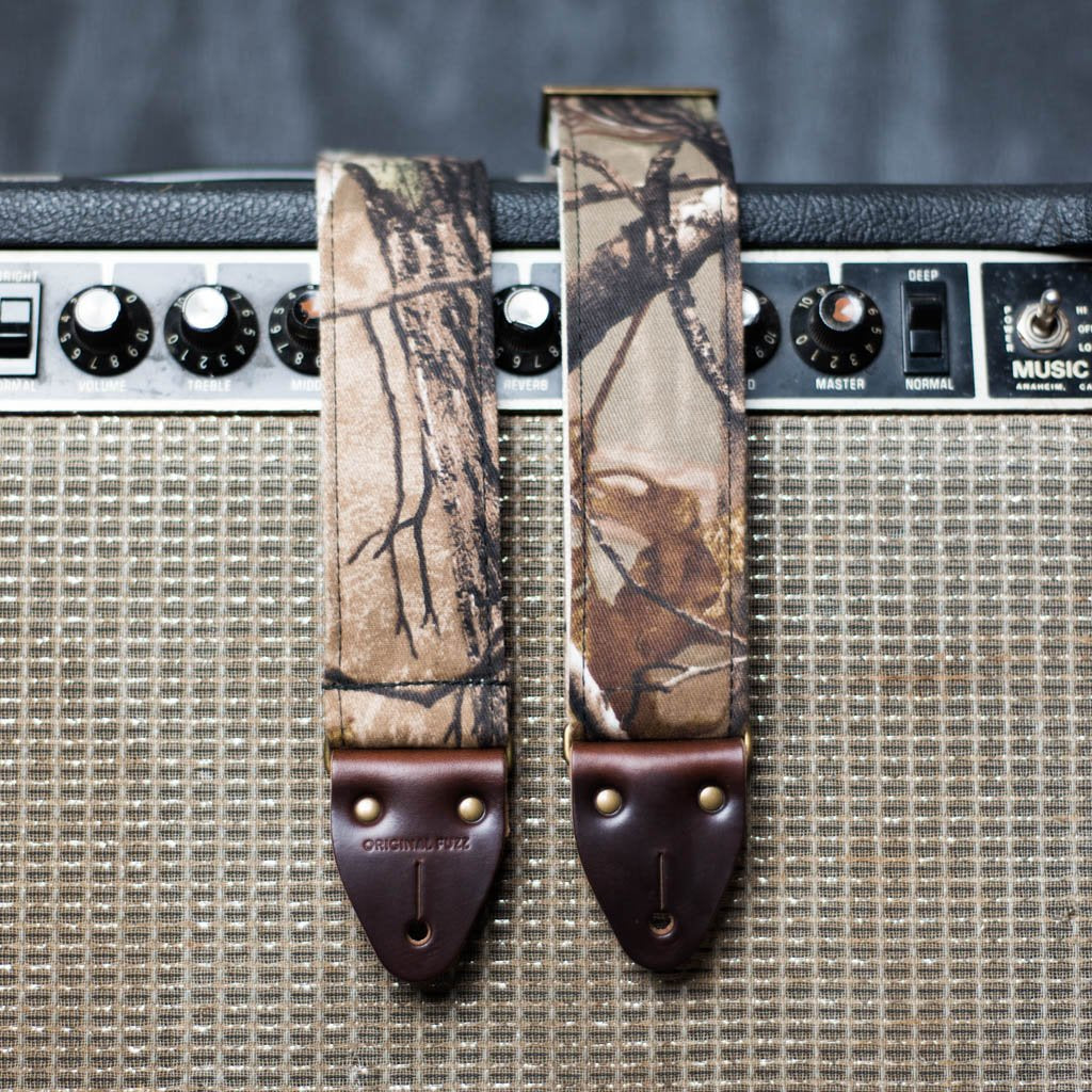 Camo print guitar strap handmade in Nashville by Original Fuzz. 