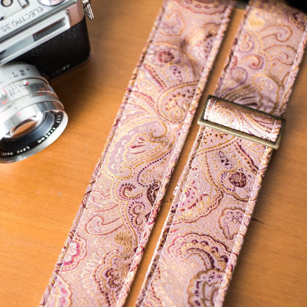 shimmering pink paisley nashville vintage style camera strap by original fuzz 