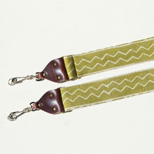 Vintage-style camera strap made with block printed fabric from India in green by Original Fuzz. 