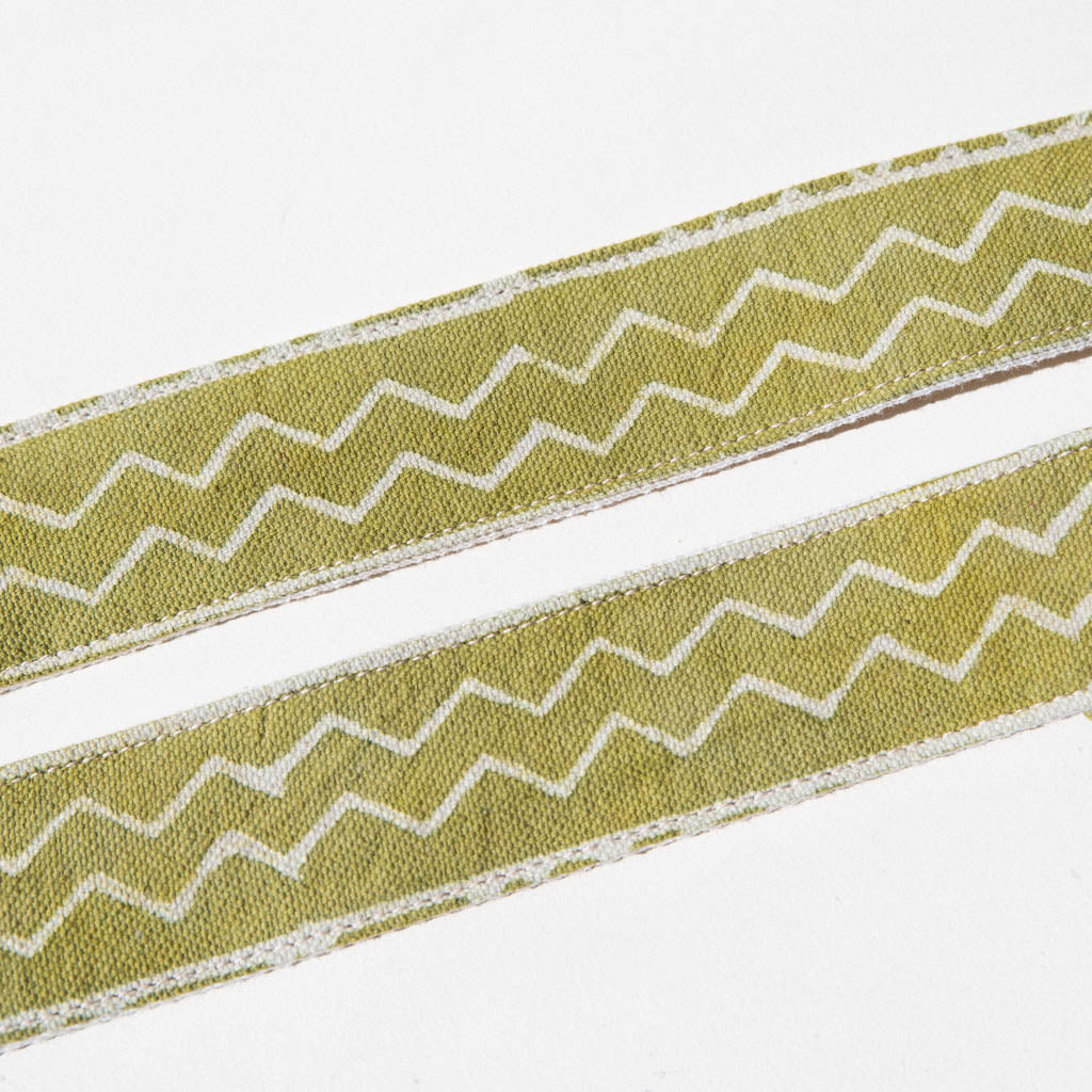 Vintage-style camera strap made with block printed fabric from India in green by Original Fuzz. 