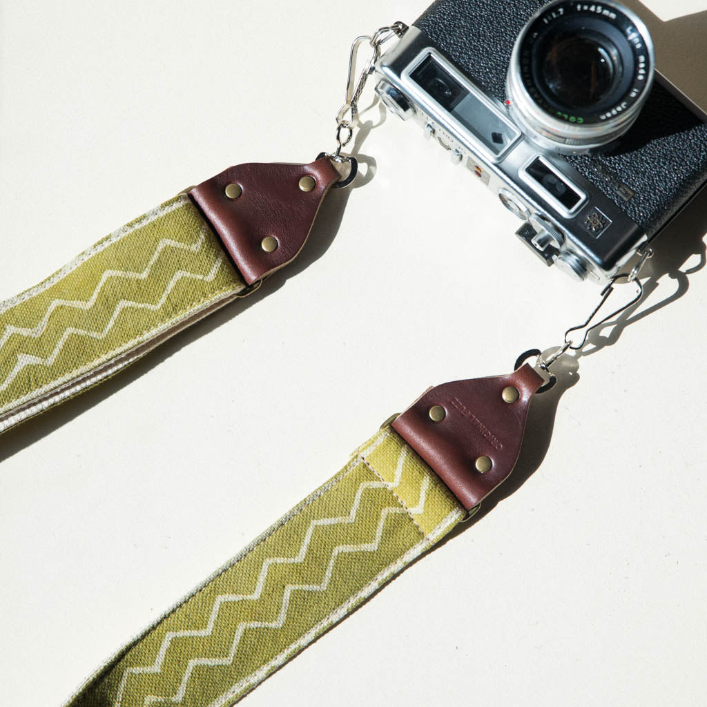 Vintage-style camera strap made with block printed fabric from India in green by Original Fuzz. 