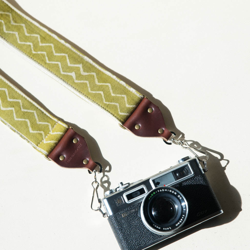 Vintage-style camera strap made with block printed fabric from India in green by Original Fuzz. 