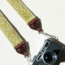 Indian block-printed cotton fabric in green with cream pattern vintage-style camera strap by Original Fuzz.