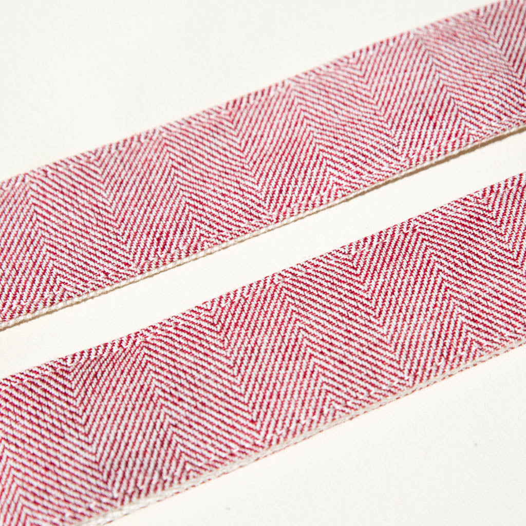 Red and cream herringbone woven cotton from India vintage-style camera strap made by Original Fuzz.