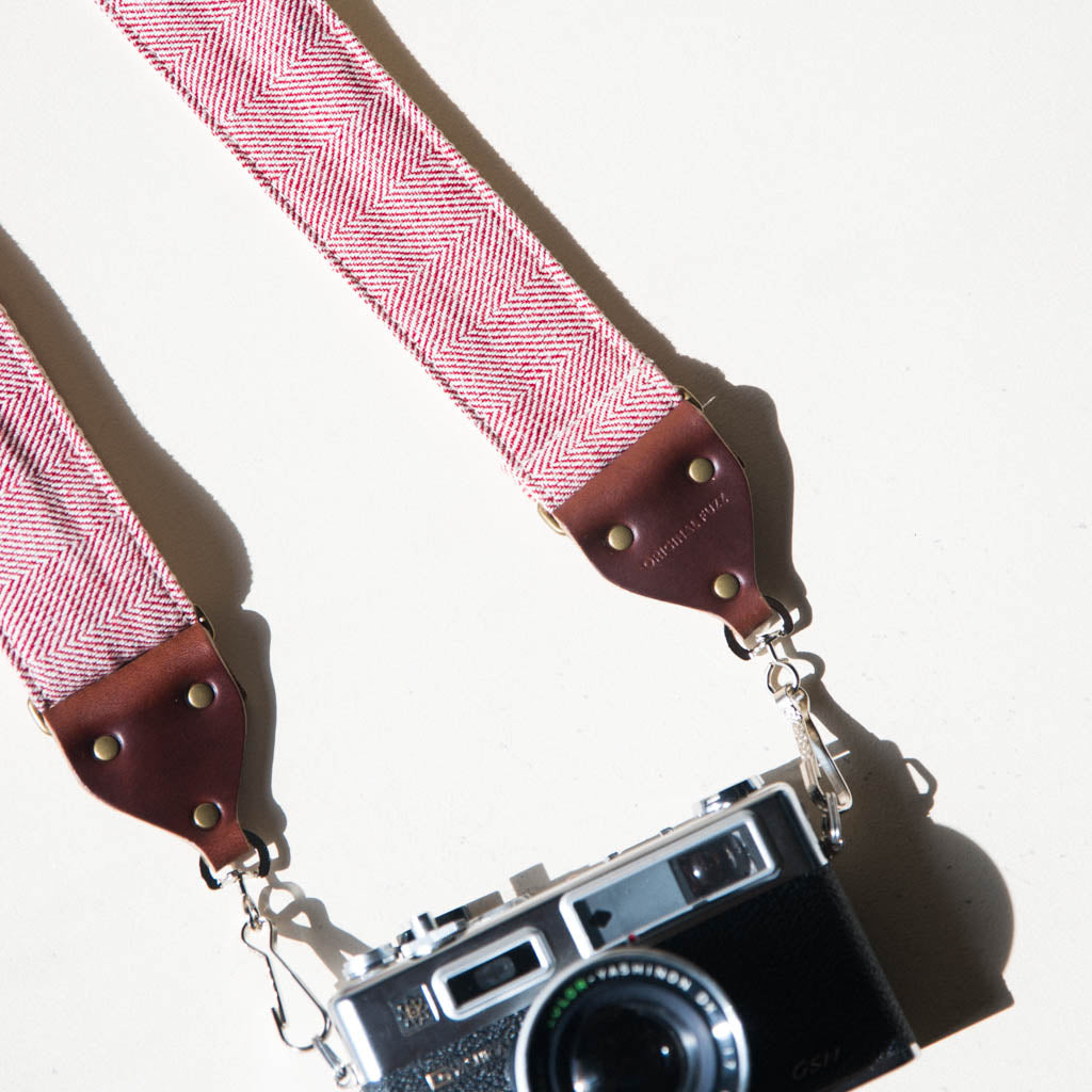 Red and cream herringbone woven cotton from India vintage-style camera strap made by Original Fuzz.