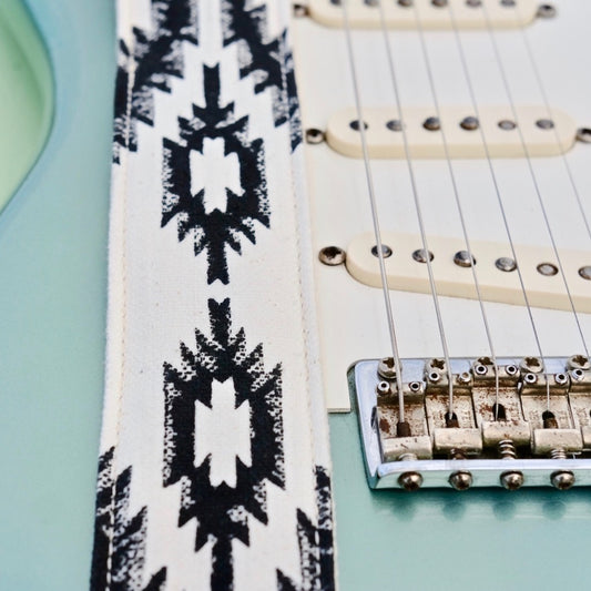 Southwestern print vintage-style guitar strap made by Original Fuzz in Nashville with block print fabric from India. 