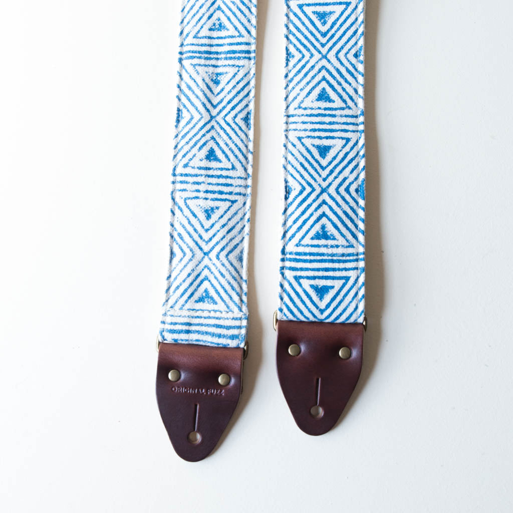 blue and natural cream white wood block printed guitar strap from India collection by Original Fuzz