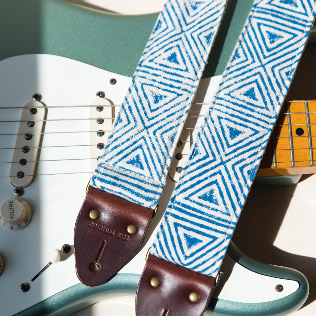 blue and natural cream white wood block printed guitar strap from India collection by Original Fuzz