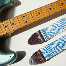 blue and natural cream white wood block printed guitar strap from India collection by Original Fuzz