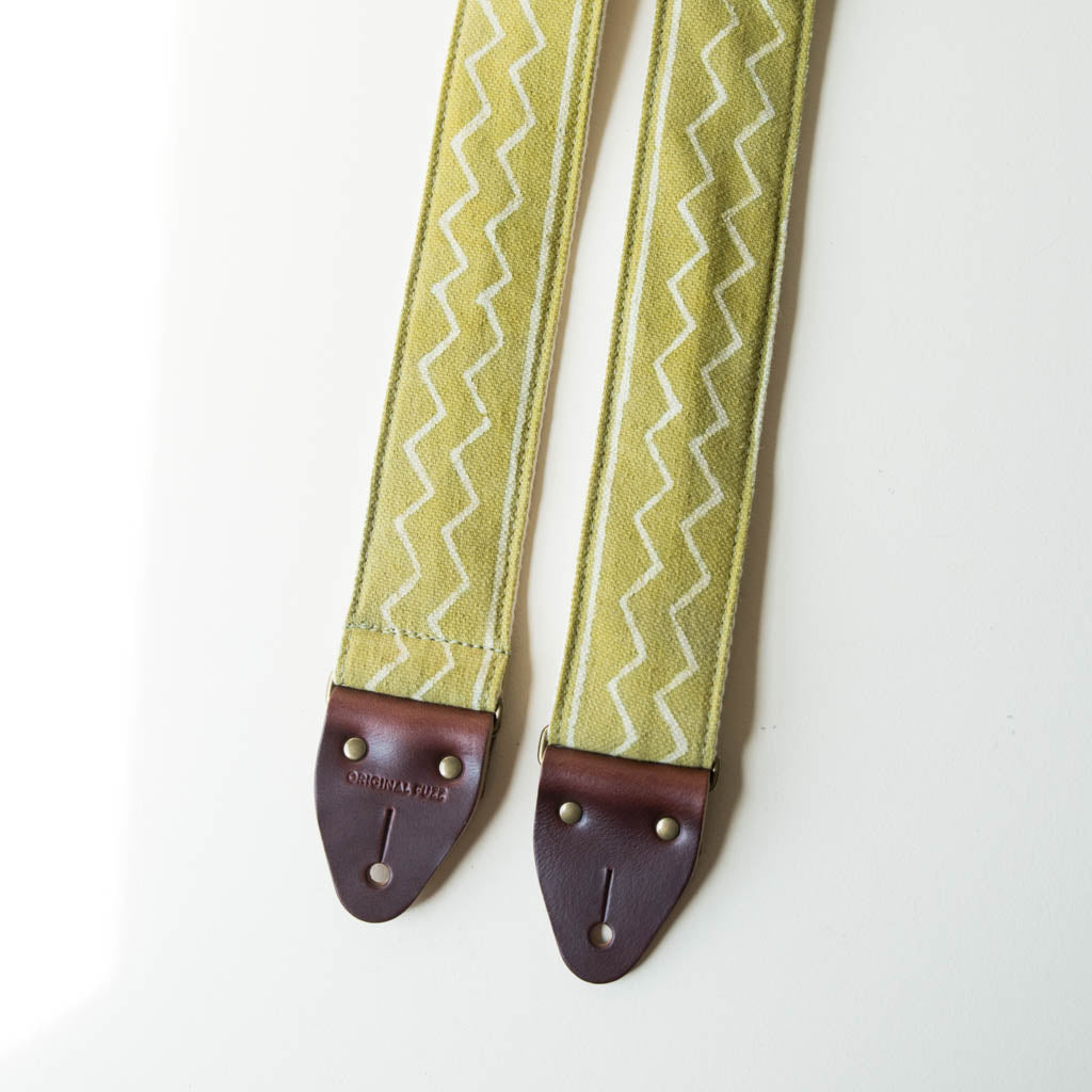 Vintage-style guitar strap made with block printed fabric from India in green by Original Fuzz. 