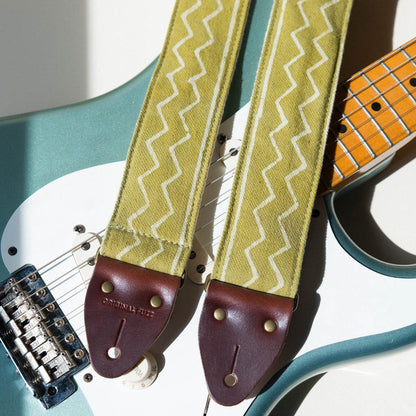 Vintage-style guitar strap made with block printed fabric from India in green by Original Fuzz. 