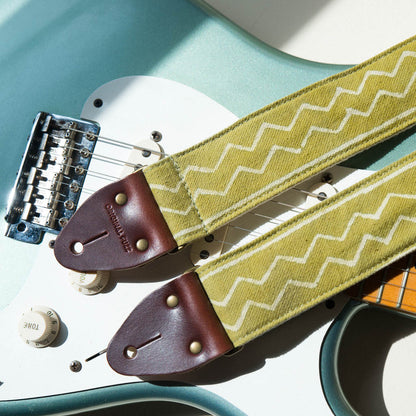 Vintage-style guitar strap made with block printed fabric from India in green by Original Fuzz. 