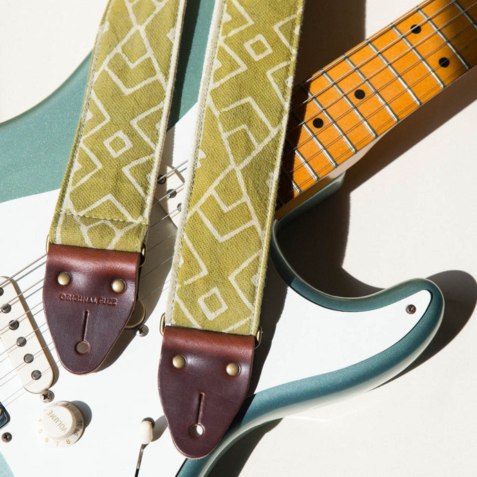 Natural lime green Indian block print guitar strap by Original Fuzz with Fender Stratocaster.