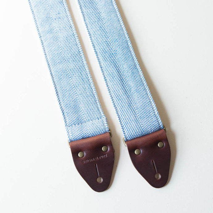 blue and natural cream white striped herringbone guitar strap from India collection by Original Fuzz