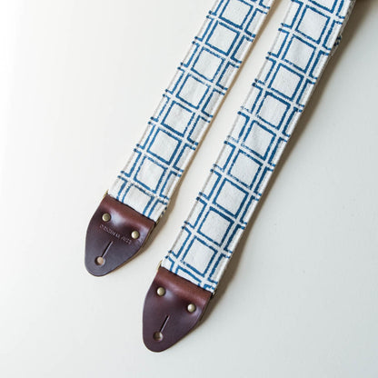 Cream and navy India block print vintage-style guitar strap by Original Fuzz. 