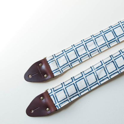 Cream and navy India block print vintage-style guitar strap by Original Fuzz. 