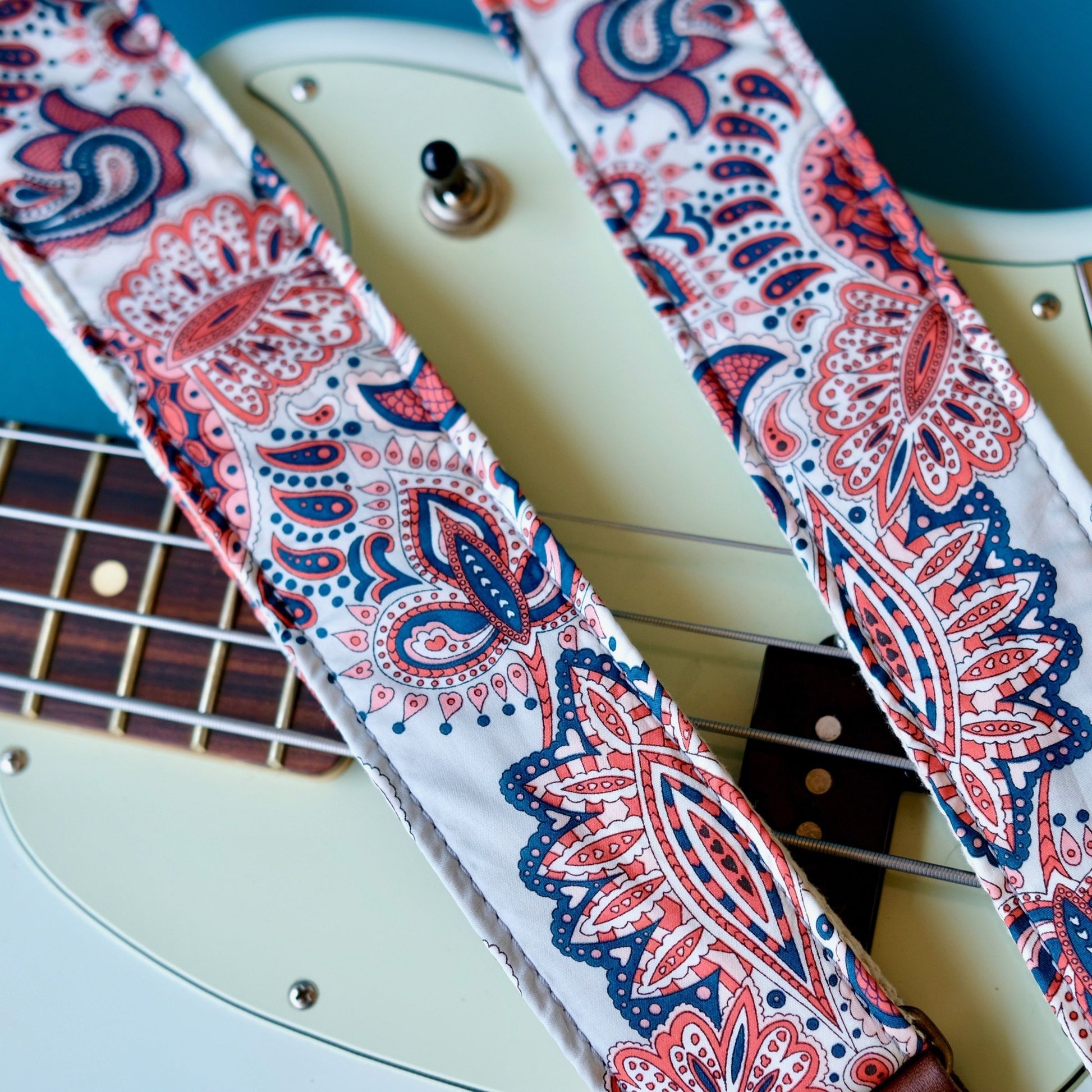 Navy and red paisley guitar cotton guitar strap handmade in Nashville. 