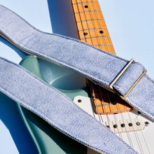Blue and cream woven guitar strap made in Nashville using fair-trade fabric imported from India.