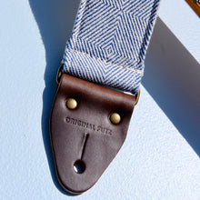 Blue and cream woven guitar strap made in Nashville using fair-trade fabric imported from India.