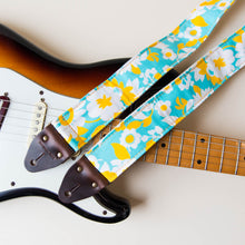 Vintage-style guitar strap made with repurposed light blue and yellow floral cotton by Original Fuzz.