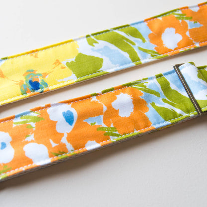 Floral vintage-style camera strap made with reclaimed cotton fabric by Original Fuzz.
