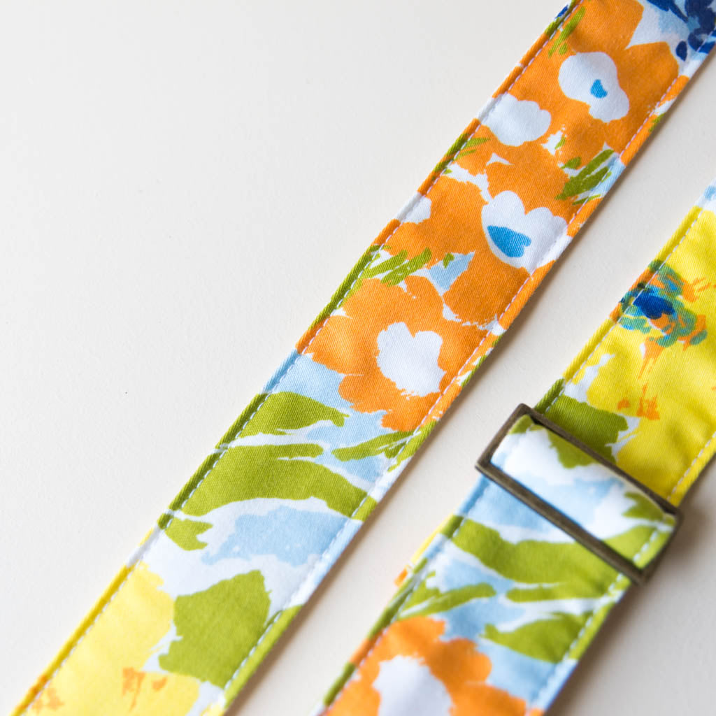 Floral guitar strap made with vintage fabric by Original Fuzz. 