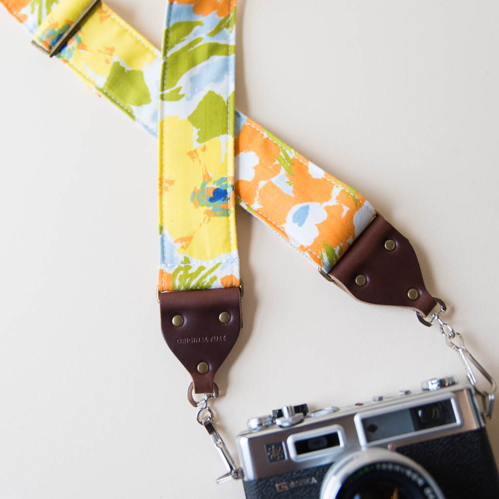 Floral vintage-style camera strap made with reclaimed cotton fabric by Original Fuzz.