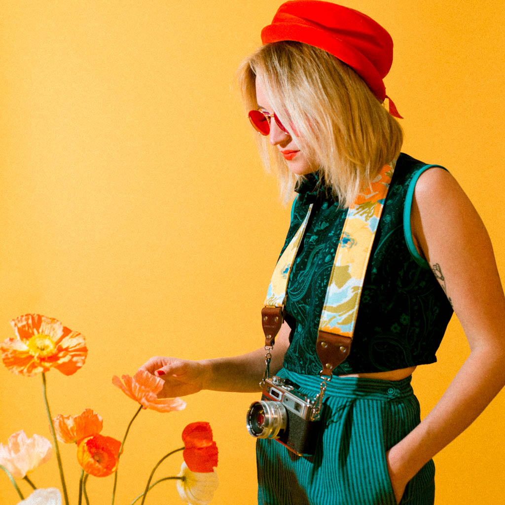 Floral vintage-style camera strap made with reclaimed cotton fabric by Original Fuzz.