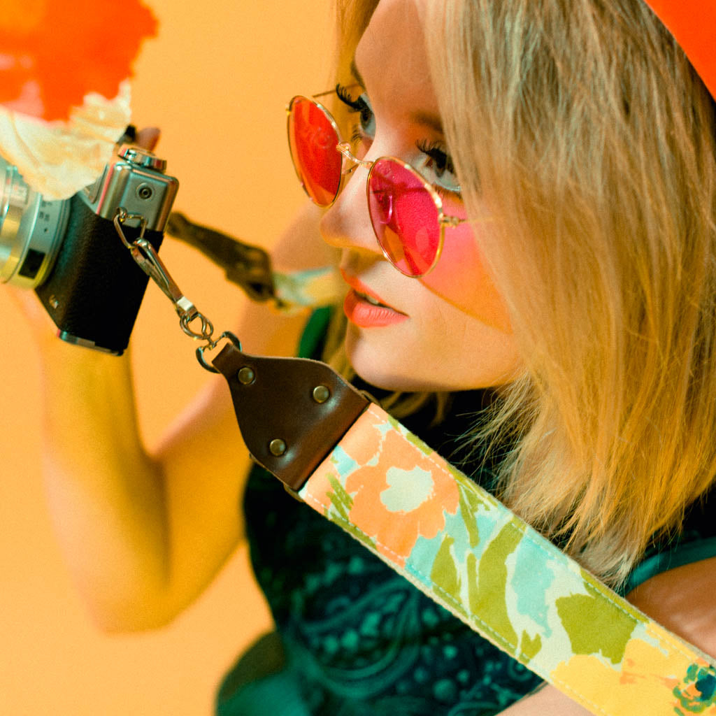 Floral vintage-style camera strap made with reclaimed cotton fabric by Original Fuzz.