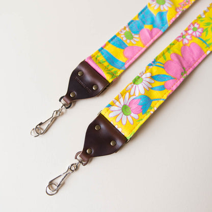 Vintage-style floral camera strap made with reclaimed yellow fabric by Original Fuzz.