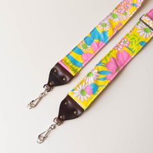 Vintage-style floral camera strap made with reclaimed yellow fabric 2