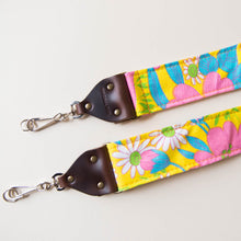 Vintage-style floral camera strap made with reclaimed yellow fabric 3