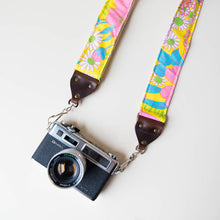Vintage-style floral camera strap made with reclaimed yellow fabric by Original Fuzz.