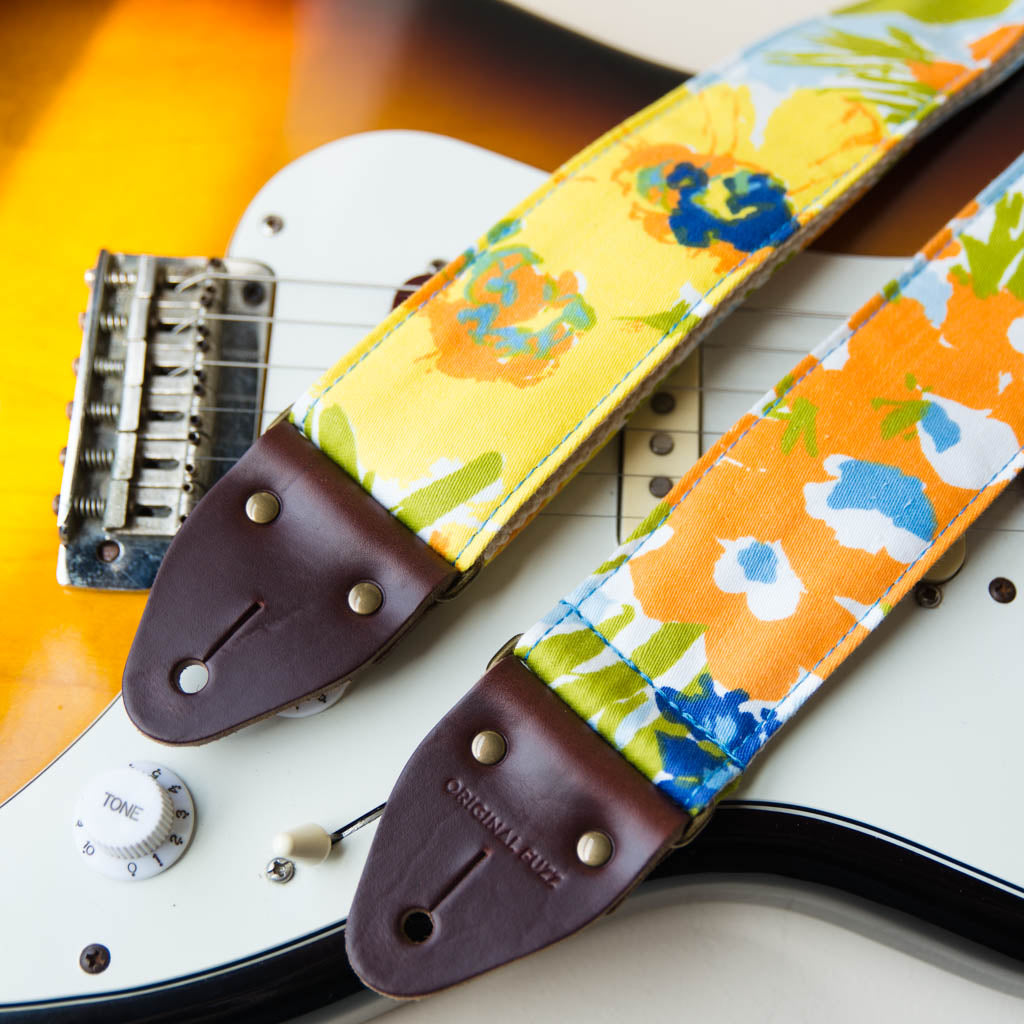 Floral guitar strap made with vintage fabric by Original Fuzz. 